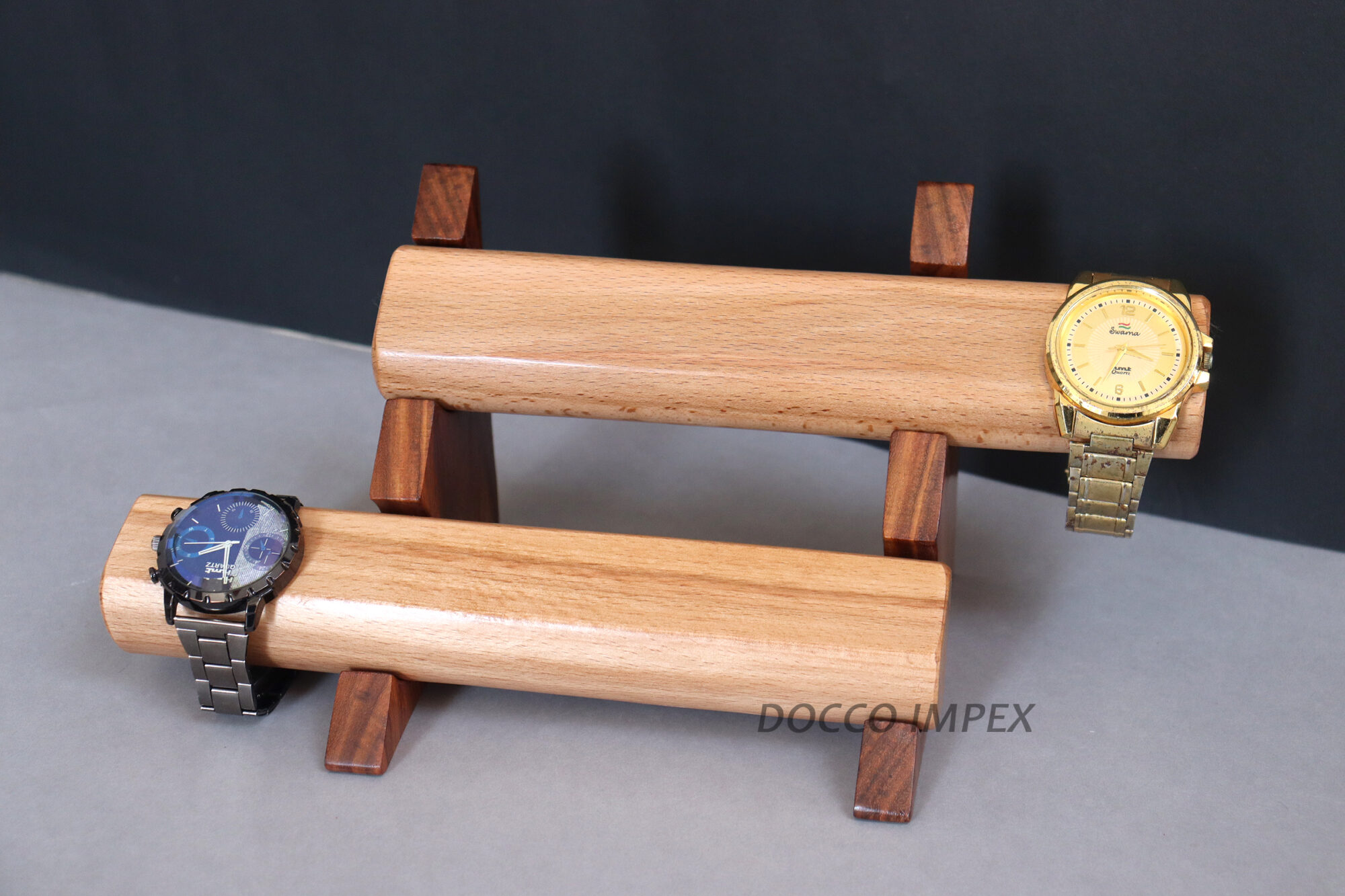 Handcrafted Wooden Oval Shaped 2 Tier Watch Holder Stand ( Combination of Rosewood & Beachwood ) - Image 4