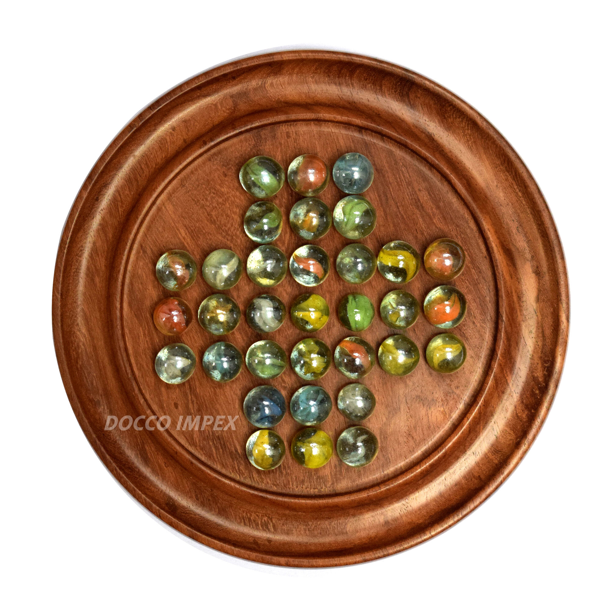 Handcrafted Wooden Classic Solitaire Board Game with Assorted Marbles