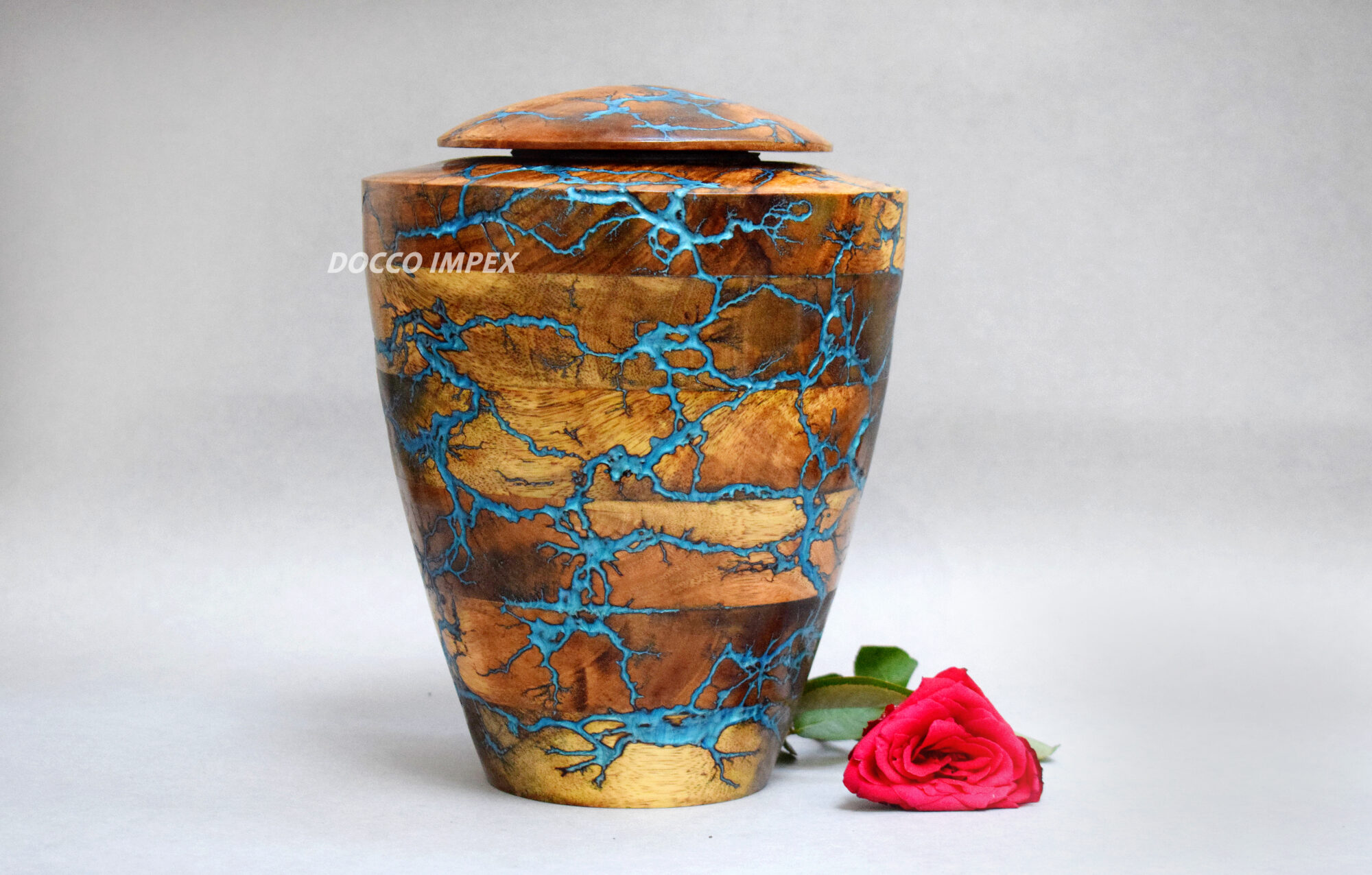 Blue Epoxy and Rosewood Cremation urn with Lid for human ashes Adult